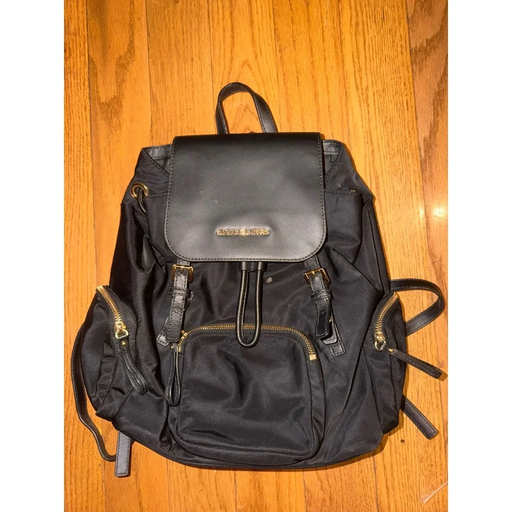Michael Kors Abbey Medium Cargo Backpack Black Nylon Leather Gold Hardware